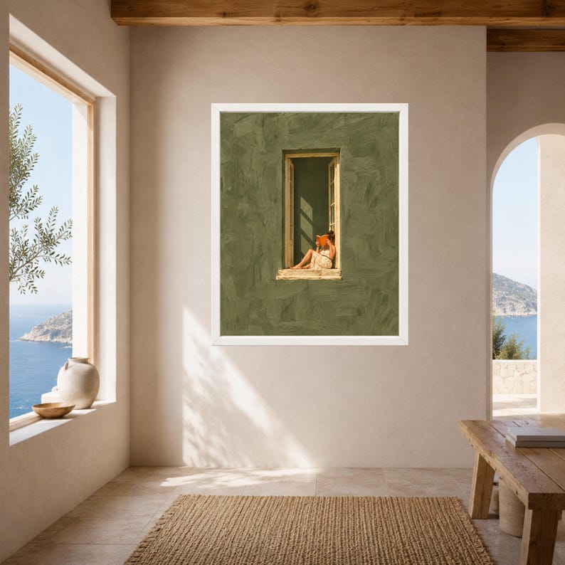 May include: A framed wall art print featuring a textured olive green wall with a central rectangular window. A person sits inside the window frame, reading an orange book while wearing a light-colored dress, illuminated by sunlight.