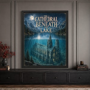 Framed gothic Halloween wall art featuring a massive cathedral submerged beneath a moonlit mountain lake, with glowing windows underwater, dark pine forests, rocky peaks and distressed “The Cathedral Beneath the Lake” typography.