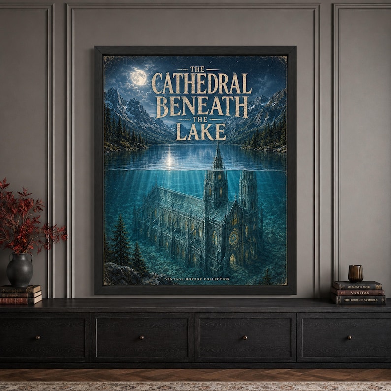 Framed gothic Halloween wall art featuring a massive cathedral submerged beneath a moonlit mountain lake, with glowing windows underwater, dark pine forests, rocky peaks and distressed “The Cathedral Beneath the Lake” typography.
