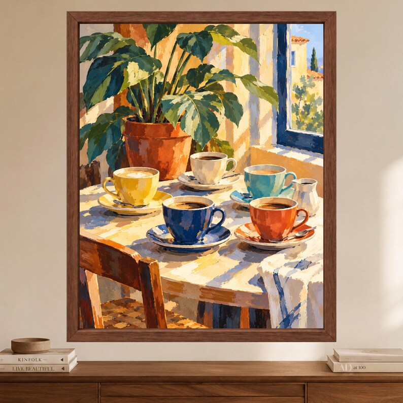 Mediterranean Coffee Cups Print, Colorful Kitchen Art, Painterly Café Scene (Digital Download) image 2