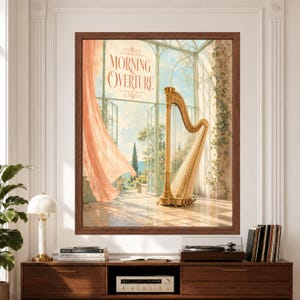 Framed Morning Overture harp wall art featuring an elegant golden harp inside a bright glass conservatory with flowing blush curtain, climbing greenery, pale stone floor and Mediterranean garden view.