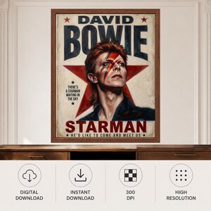 May include: A framed poster featuring a portrait of David Bowie with his iconic red and blue lightning bolt face paint. The background displays a large red star with the text DAVID BOWIE, STARMAN, and the lyrics THERE'S A STARMAN WAITING IN THE SKY and HE'D LIKE TO COME AND MEET US.