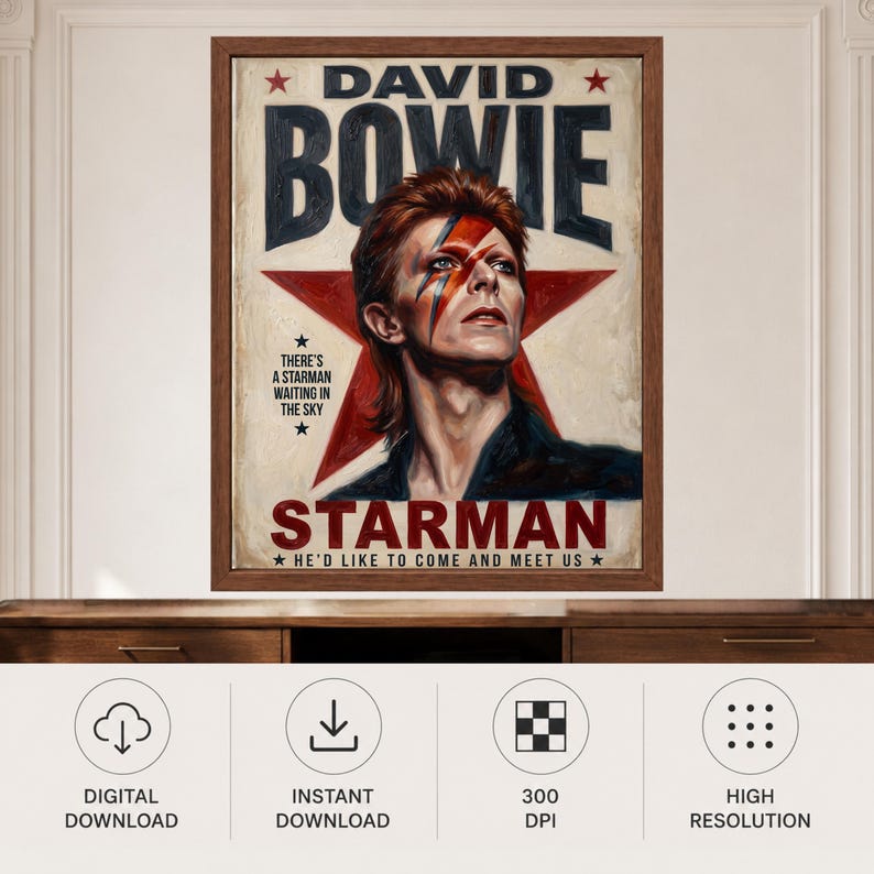 May include: A framed poster featuring a portrait of David Bowie with his iconic red and blue lightning bolt face paint. The background displays a large red star with the text DAVID BOWIE, STARMAN, and the lyrics THERE'S A STARMAN WAITING IN THE SKY and HE'D LIKE TO COME AND MEET US.