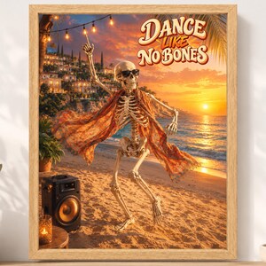 Dancing Skeleton Beach Party Print, Retro Summer Humor Art (Digital Download) image 2