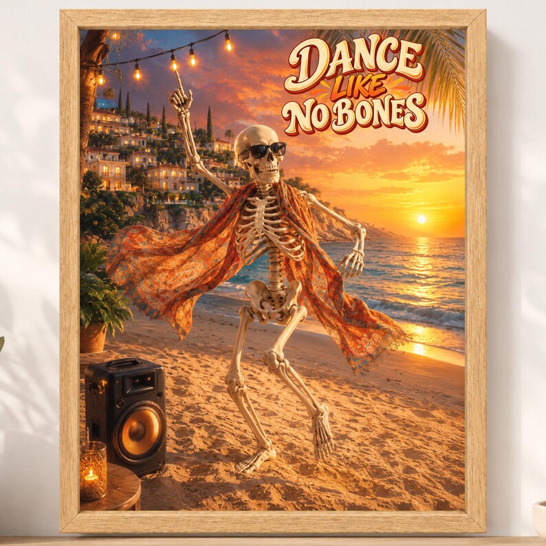 Dancing Skeleton Beach Party Print, Retro Summer Humor Art (Digital Download) image 2