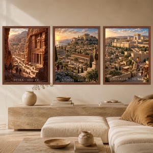 May include: Three framed wall art prints depicting historical cityscapes. The left print shows Petra 100 CE, the center print shows Athens 430 BCE, and the right print shows Jerusalem 10 BCE. Each rectangular print features a brown wooden frame.