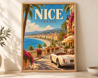 Nice France Travel Poster, French Riviera Coastal Art (Digital Download)