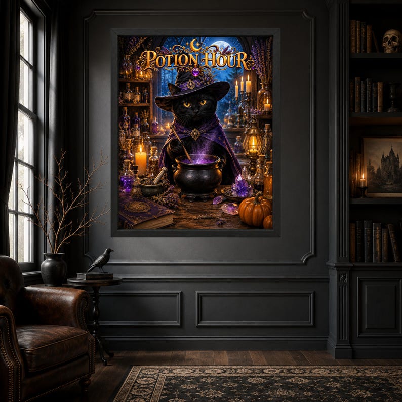 May include: A framed wall art print titled Potion Hour featuring a black cat wearing a purple cloak and a pointed hat, stirring a glowing purple cauldron. The scene includes glass bottles, a pumpkin, and crystals on a wooden table surface.