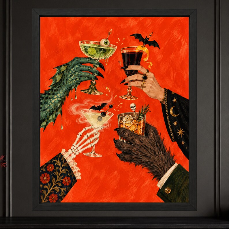 Halloween Cocktail Wall Art, Skeleton Cheers Print, Spooky Drinks (Digital Download) image 2