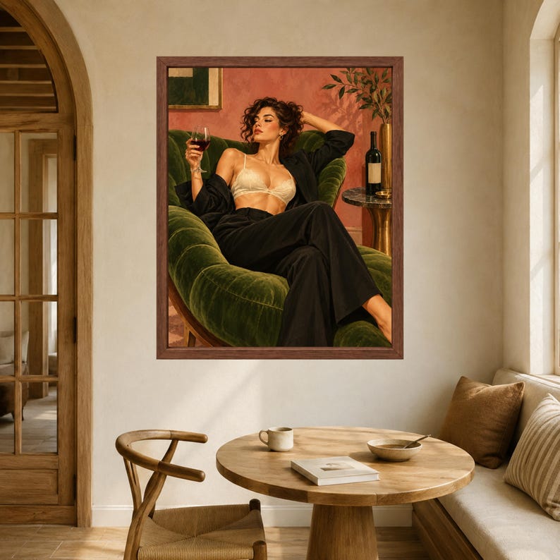 Woman With Wine Wall Art, Green Velvet Lounge Print, Fashion Poster (Digital Download) immagine 8