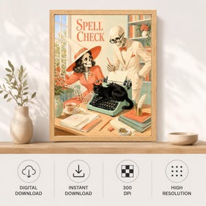 Pu&ograve; includere: Una stampa artistica incorniciata intitolata Spell Check che mostra due scheletri in una stanza. Uno indossa un cappello da strega e un vestito arancione, l'altro un abito e occhiali. Un gatto nero &egrave; su una macchina da scrivere verde chiaro.
