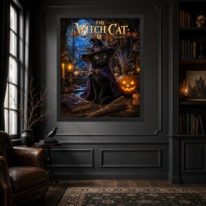 May include: A framed wall art print titled The Witch Cat featuring a black cat wearing a purple cape and a witch hat. The scene includes a glowing jack-o'-lantern, a broomstick, and a book on a table. The background shows a window at night.