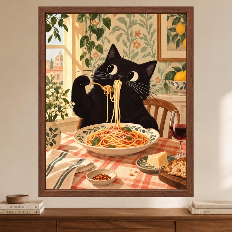 Black Cat Spaghetti Print, Italian Kitchen Art, Pasta Lover Poster (Digital Download) image 2