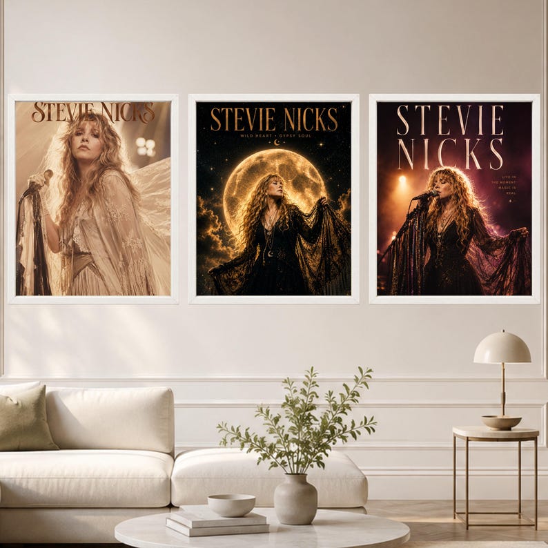 May include: Three framed wall art prints featuring Stevie Nicks. The left print shows a sepia-toned portrait. The center print depicts a figure in black against a large full moon. The right print shows a live performance with the text Stevie Nicks.