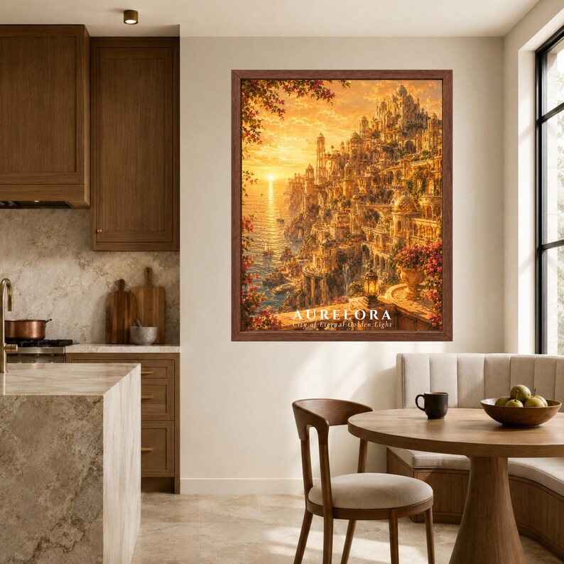 May include: A framed wall art print depicting a golden sunset over a coastal city built into cliffs, featuring intricate architecture, cascading flowers, and the text AURELORA City of Eternal Golden Light centered at the bottom of the image.