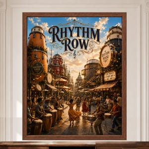 May include: A framed wall art print titled Rhythm Row featuring a bustling street scene with buildings shaped like drums and percussion instruments. People play drums and dance in the street under a sunset sky with text reading Rhythm Row.