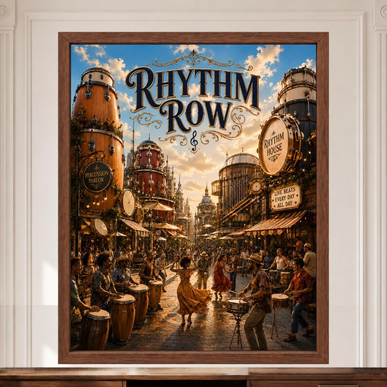 May include: A framed wall art print titled Rhythm Row featuring a bustling street scene with buildings shaped like drums and percussion instruments. People play drums and dance in the street under a sunset sky with text reading Rhythm Row.