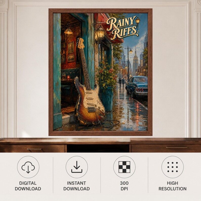 Puede incluir: Una impresi&oacute;n art&iacute;stica enmarcada titulada Rainy Riffs que muestra una guitarra el&eacute;ctrica sunburst apoyada en una puerta en una calle urbana lluviosa con un coche azul, pavimento mojado y farolas brillantes bajo un cielo oscuro.