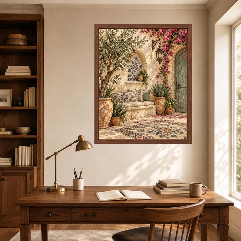 Kunstdruck „Mediterraner Olivenbaumhof“, Bougainvillea-Motiv im toskanischen Villenstil (Digitaler Download) Bild 6