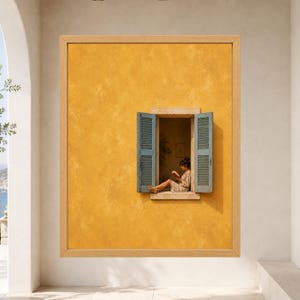 Puede incluir: Una impresi&oacute;n de arte mural enmarcada que muestra una pared de color amarillo mostaza texturizado con una ventana abierta. La ventana tiene contraventanas de lamas azul gris&aacute;ceo y muestra una figura sentada en el alf&eacute;izar leyendo un libro.