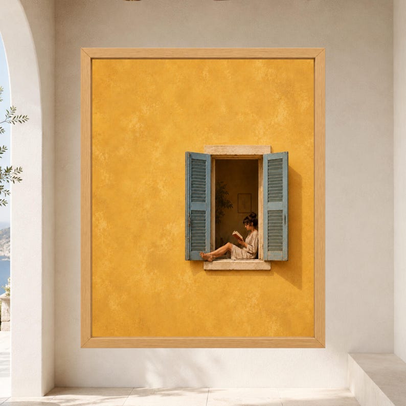 Puede incluir: Una impresi&oacute;n de arte mural enmarcada que muestra una pared de color amarillo mostaza texturizado con una ventana abierta. La ventana tiene contraventanas de lamas azul gris&aacute;ceo y muestra una figura sentada en el alf&eacute;izar leyendo un libro.