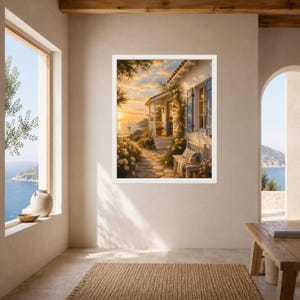 May include: A framed wall art print depicting a Mediterranean coastal cottage at sunset. The scene features a stone path, white flowering bushes, blue window shutters, and a wooden bench. The warm golden light illuminates the sea and sky.