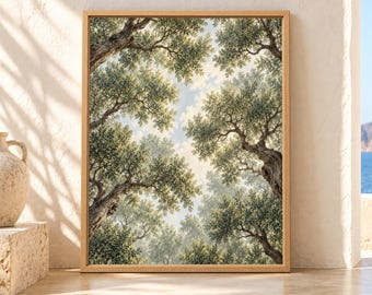 Mediterranean Olive Grove Print, Upward Perspective, Green Botanical Landscape (Digital Download)