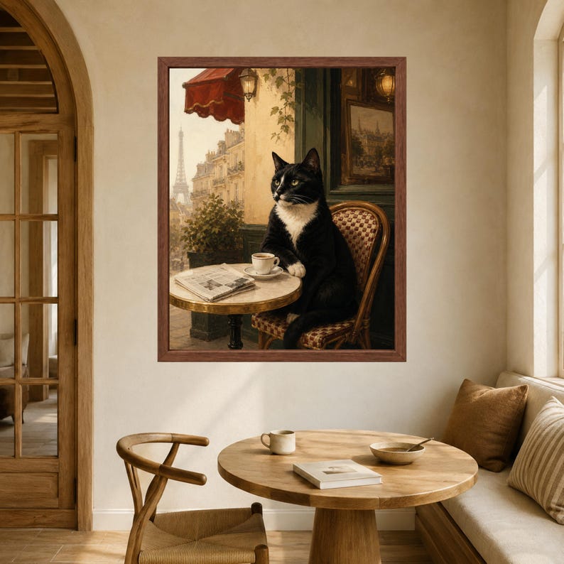 May include: A framed wall art print depicting a black and white cat sitting on a chair at a small round table with a coffee cup and a newspaper. The background shows a Parisian street scene with the Eiffel Tower visible in the distance.
