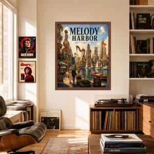 May include: A framed wall art print titled Melody Harbor featuring a fantasy cityscape with a large harp, musical instrument architecture, and a waterfront scene with boats, two figures walking, and text reading Melody Harbor in dark blue.