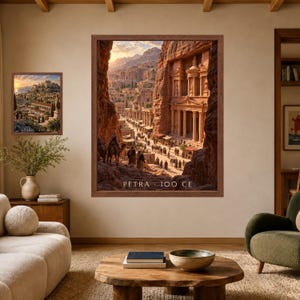May include: A large rectangular wall art print in a brown frame depicting the ancient city of Petra with the text PETRA 100 CE, alongside a smaller matching print labeled ATHENS 430 BCE, both showcasing historical architectural scenes.