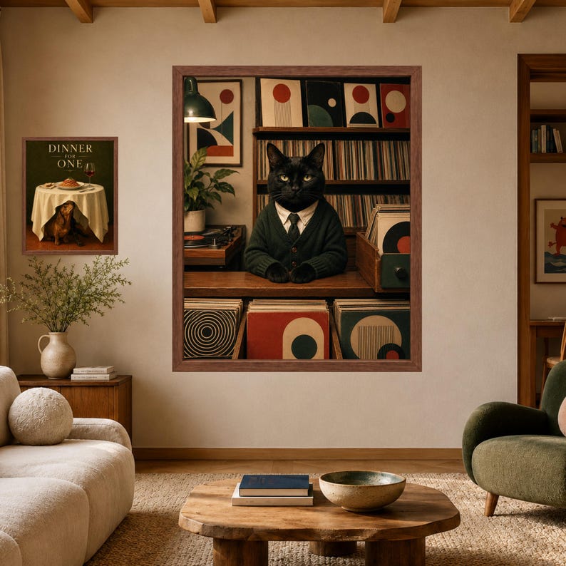 K&ouml;nnte beinhalten: Ein gerahmter Wandkunstdruck mit einer schwarzen Katze in einer gr&uuml;nen Strickjacke, einem wei&szlig;en Hemd und einer Krawatte, die hinter einer Theke voller Schallplatten steht. Ein kleinerer Druck links zeigt einen Tisch mit dem Text DINNER FOR ONE.