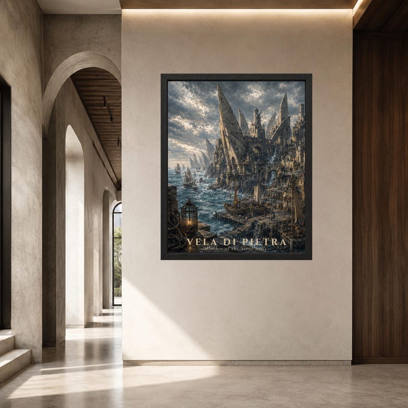 May include: A framed rectangular wall art print featuring a fantasy coastal scene with tall stone spires, ships in a harbor, and a glowing lantern. The text VELA DI PIETRA Harbor of the Stone Sails is printed in white at the bottom of the artwork.