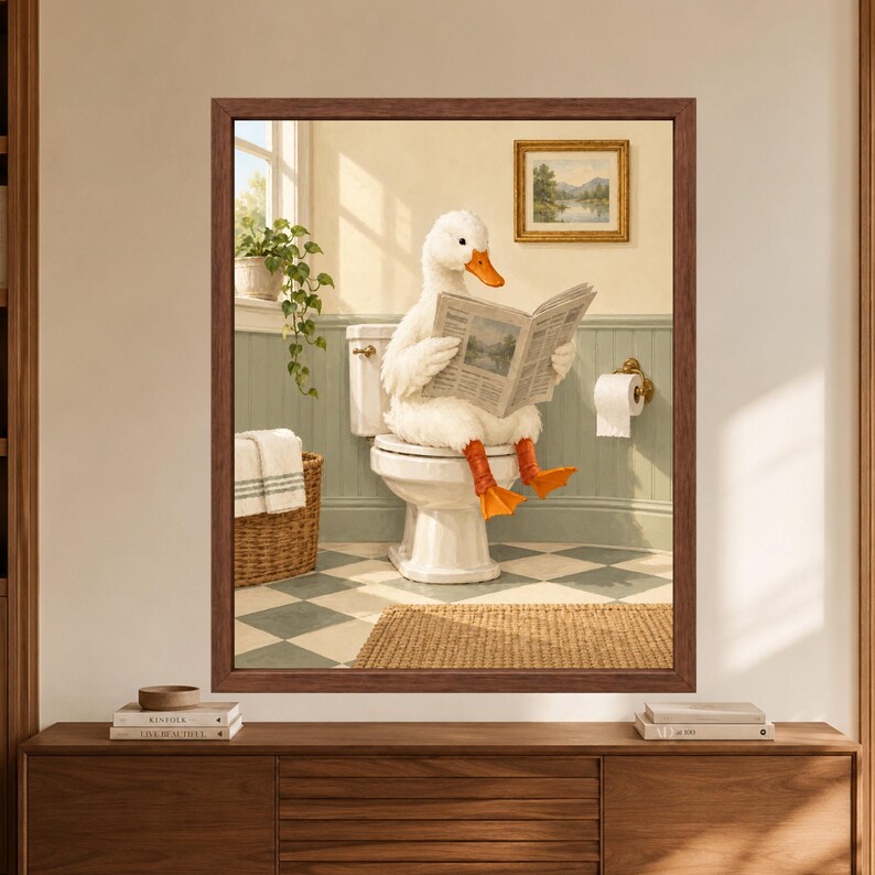 May include: A framed wall art print depicting a white duck with orange feet sitting on a white toilet in a bathroom, reading a newspaper. The bathroom features light green wainscoting, a checkered floor, a potted plant, and a toilet paper roll.