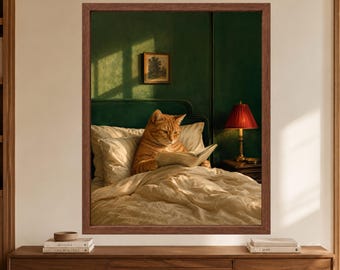 Cat Reading Wall Art, Orange Tabby in Bed, Whimsical Book Lover Print, Digital Download