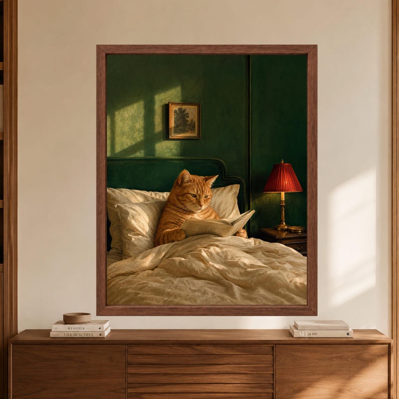 Framed cat reading wall art showing an orange tabby sitting upright in a cream bed with an open newspaper, dark green walls, a red bedside lamp and warm morning light.