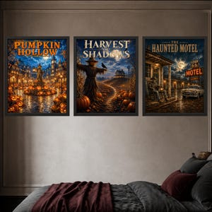 K&ouml;nnte beinhalten: Drei gerahmte Wandbilder mit Halloween-Motiven. Das linke Bild zeigt Pumpkin Hollow mit leuchtenden K&uuml;rbissen. Das mittlere Bild stellt Harvest of Shadows mit einer Vogelscheuche dar. Das rechte Bild zeigt The Haunted Motel.