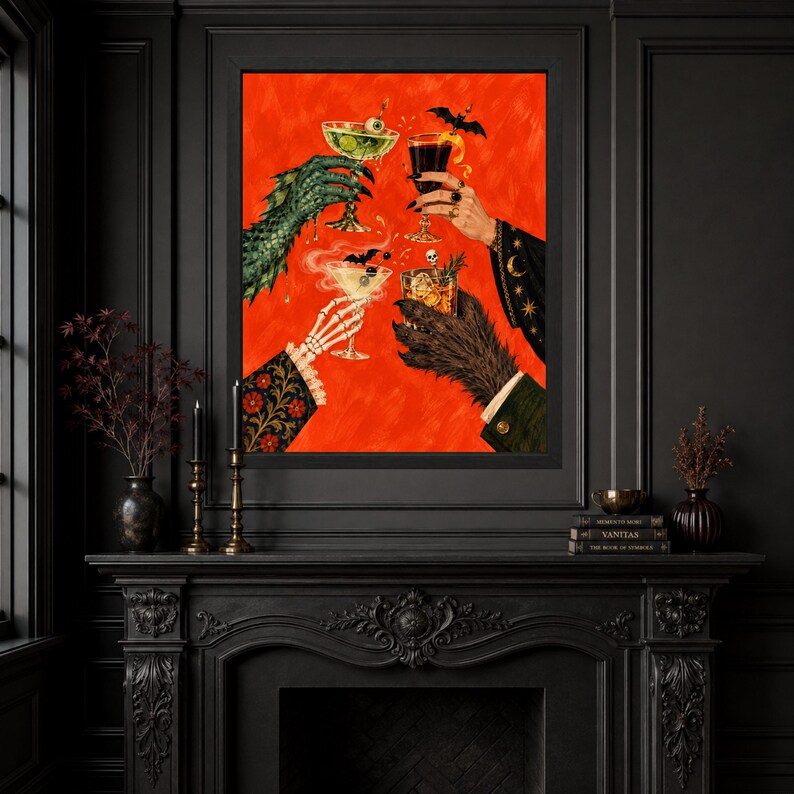 Halloween Cocktail Wall Art, Skeleton Cheers Print, Spooky Drinks (Digital Download) image 3