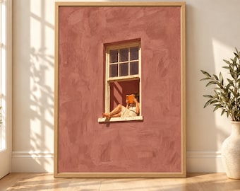 Woman Reading Window Print, Dusty Pink Wall Art, Book Lover Decor (Digital Download)