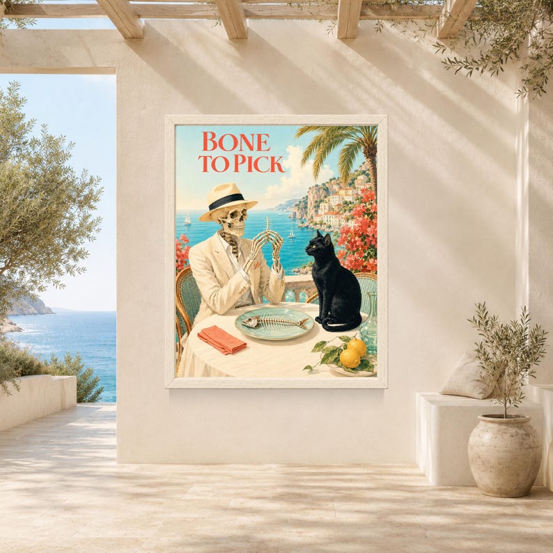 Peut inclure: Une affiche murale encadr&eacute;e intitul&eacute;e BONE TO PICK repr&eacute;sentant un squelette en costume et chapeau beige assis &agrave; une table avec un chat noir, une ar&ecirc;te de poisson sur une assiette et deux citrons jaunes, devant un paysage c&ocirc;tier m&eacute;diterran&eacute;en.