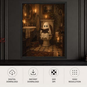 Gothic Ghost Reading on Toilet Print, Black Cat Bathroom Art (Digital Download) image 10