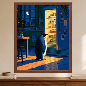 May include: A framed wall art print depicting a penguin standing in a kitchen at night, illuminated by the warm light of an open refrigerator. The scene includes green cabinets, a window with a crescent moon, and a table with a mug.