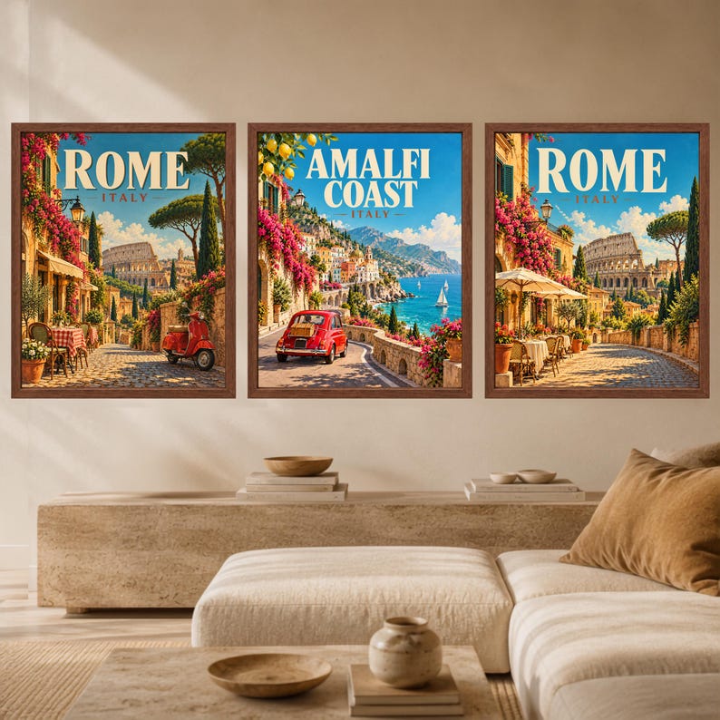 May include: A set of three framed wall art prints featuring Italian travel scenes. Two prints display the text ROME ITALY with views of city streets and the Colosseum. The center print displays AMALFI COAST ITALY with a coastal road and sea.