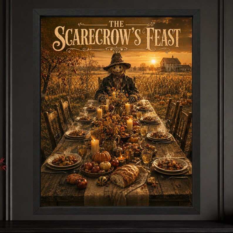 May include: A framed wall art print titled The Scarecrow's Feast, depicting a scarecrow sitting at a long wooden table set for a dinner in a field at sunset. The table features plates of food, lit candles, pumpkins, and bread, with a farmhouse in the distance.