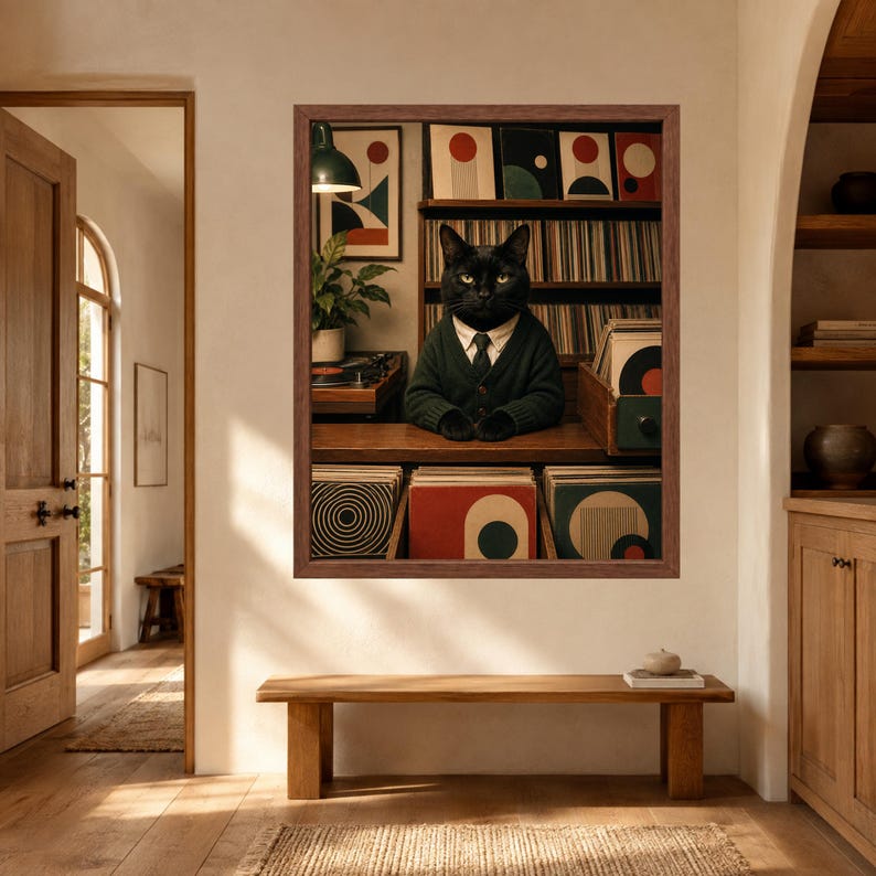 K&ouml;nnte beinhalten: Ein gerahmter Kunstdruck, der eine schwarze Katze mit wei&szlig;em Hemdkragen, einer dunkelgr&uuml;nen Strickjacke und einer Krawatte zeigt. Die Katze steht hinter einer Theke voller Schallplatten in bunten H&uuml;llen vor einem Regal mit weiteren Platten.