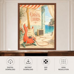 May include: A framed wall art print titled Coastal Chords featuring a coral-coloured electric guitar on a stand, connected by a cable to a small amplifier. The scene is set on a stone patio overlooking a blue sea, with text reading Coastal Chords.