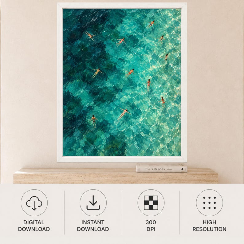 Aerial Ocean Swimmers Print, Turquoise Sea Pattern, Coastal Art (Digital Download) image 11