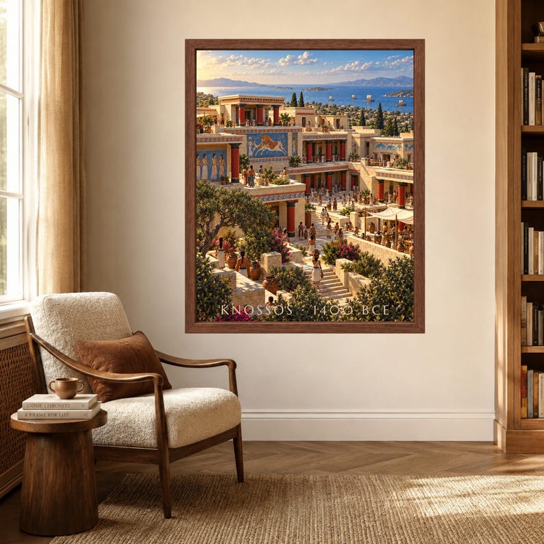 May include: A framed wall art print depicting an ancient Minoan palace complex with multi-level stone architecture, red columns, and figures in a courtyard. The scene includes a blue sea in the background and the text KNOSSOS 1400 BCE at the bottom.