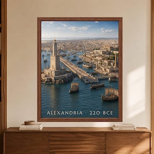 Framed Alexandria 220 BCE wall art showing the Pharos lighthouse beside a busy ancient Mediterranean harbor filled with sailing ships, stone quays, temples and a vast Ptolemaic city.