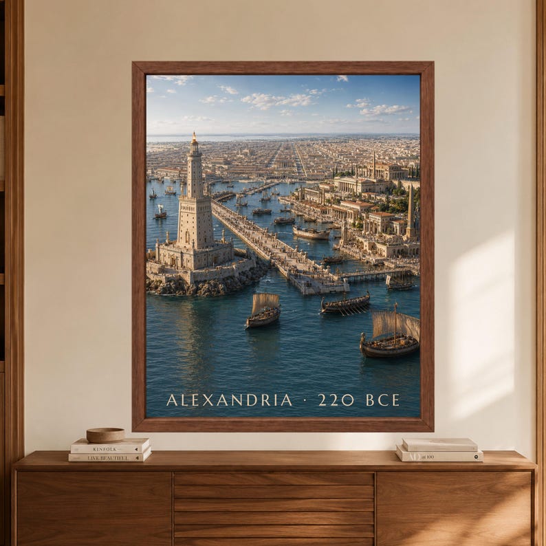 Framed Alexandria 220 BCE wall art showing the Pharos lighthouse beside a busy ancient Mediterranean harbor filled with sailing ships, stone quays, temples and a vast Ptolemaic city.