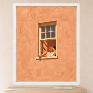 Woman Reading Window Print, Mediterranean Wall Art, Peach Orange Book Lover Decor, Digital Download image 2